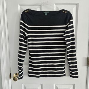 NWOT Lauren Ralph Lauren Button Trim Striped Long Sleeve Top
